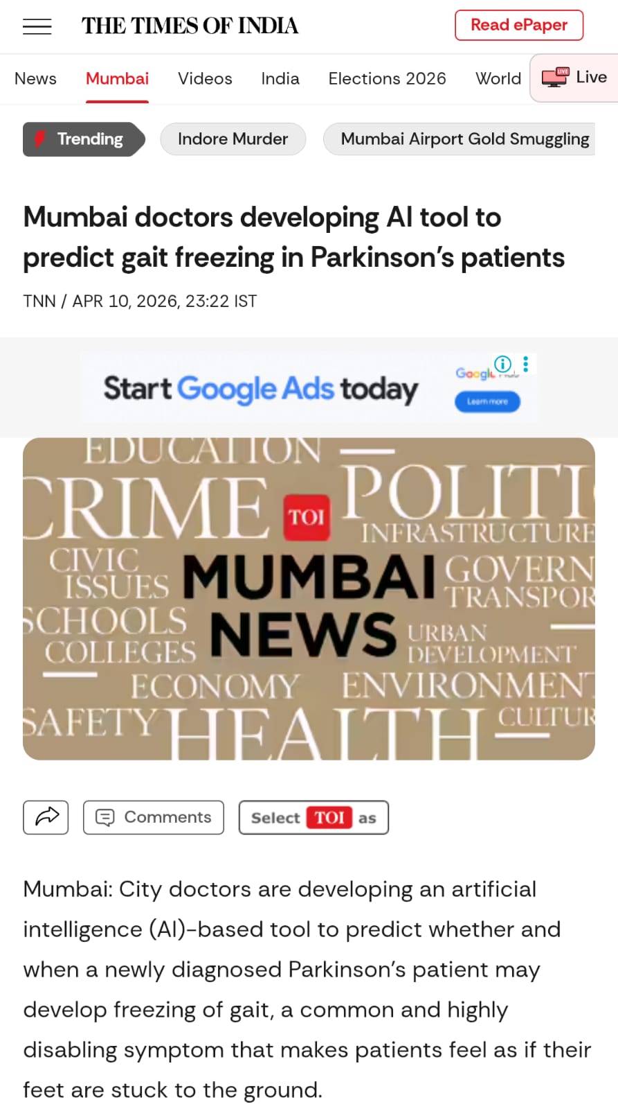 Mumbai doctors developing AI tool to predict gait freezing in Parkinson’s patients