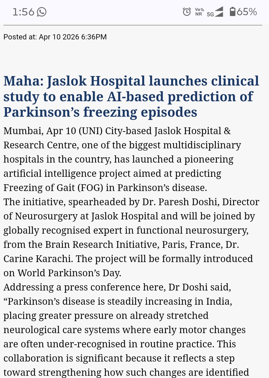 Mumbai doctors developing AI tool to predict gait freezing in Parkinson’s patients