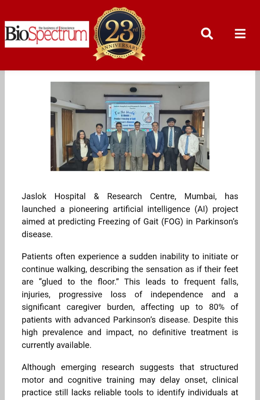 Jaslok Hospital launches clinical study to enable AI-based prediction of Parkinson’s freezing episodes