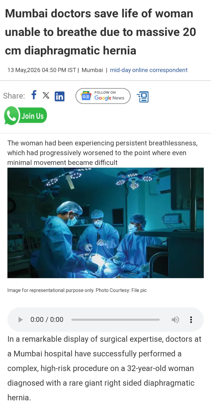 Mumbai doctors save life of woman unable to breathe due to massive 20 cm diaphragmatic hernia