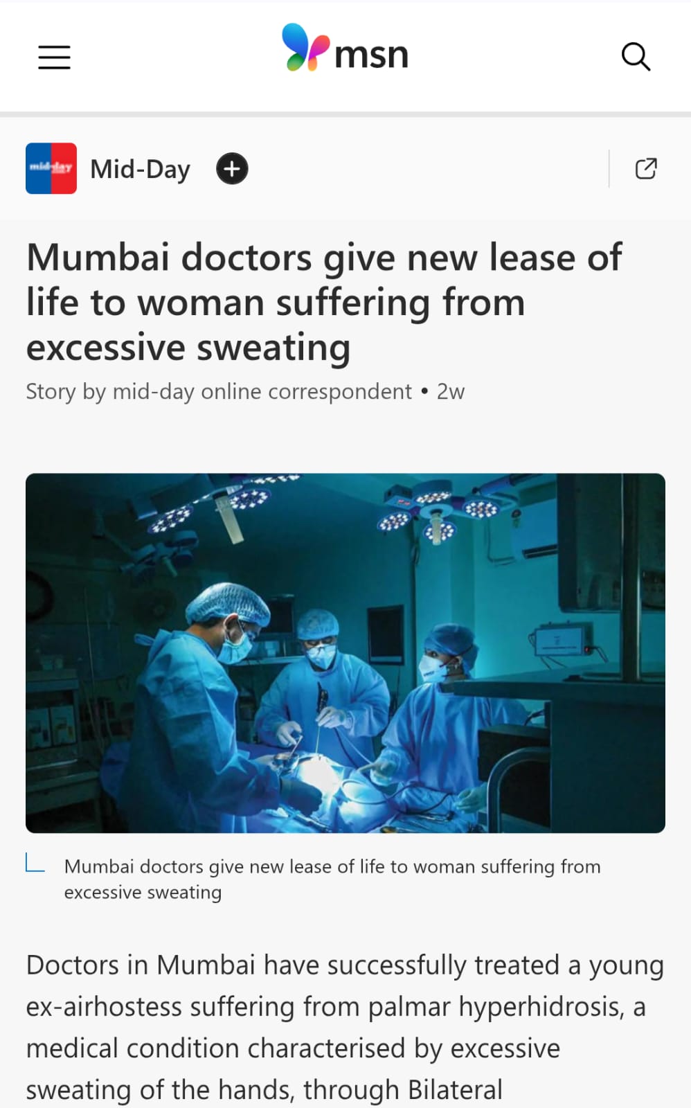 Mumbai doctors give new lease of life to woman suffering from excessive sweating