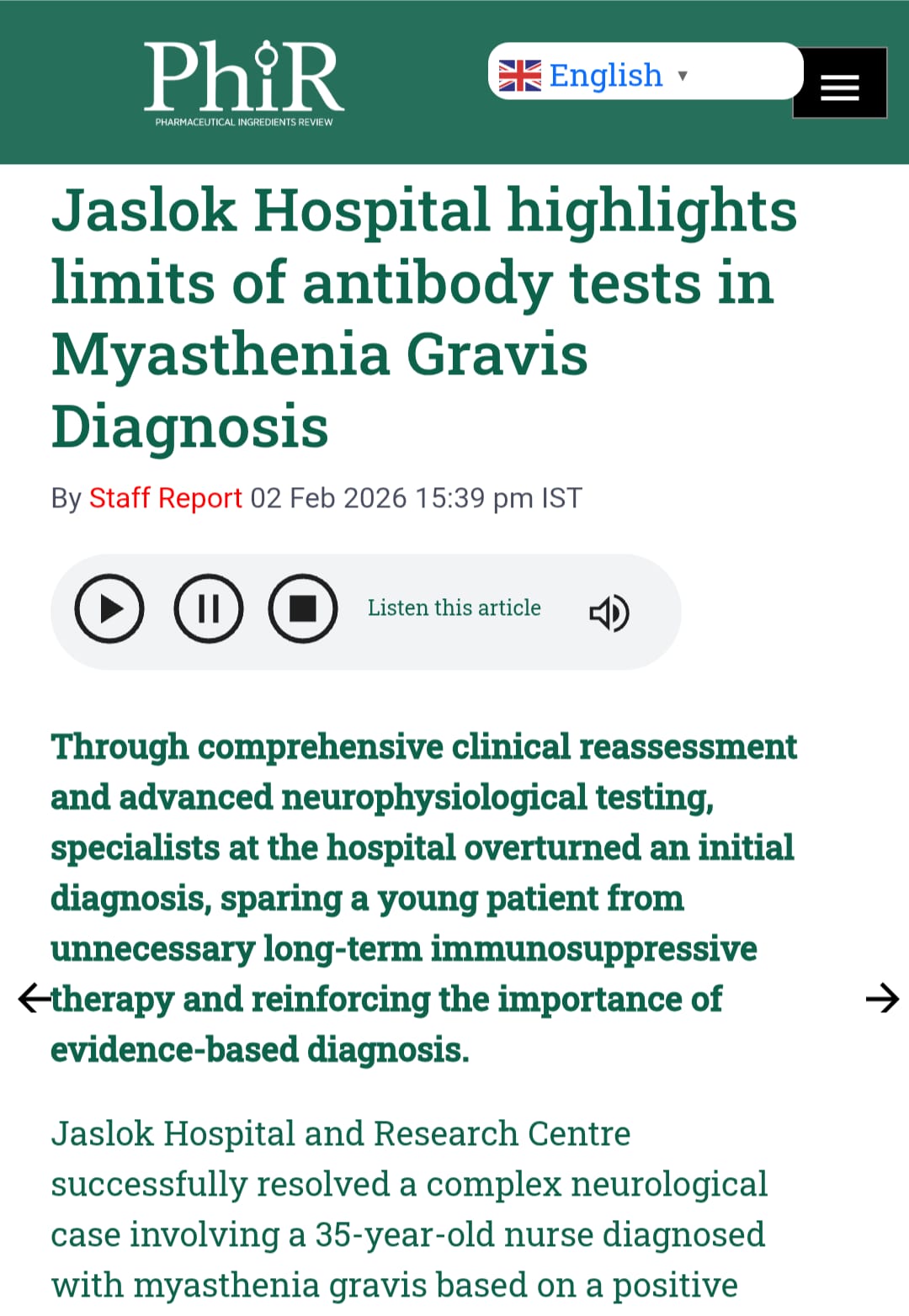Jaslok Hospital highlights limits of antibody tests in Myasthenia Gravis Diagnosis