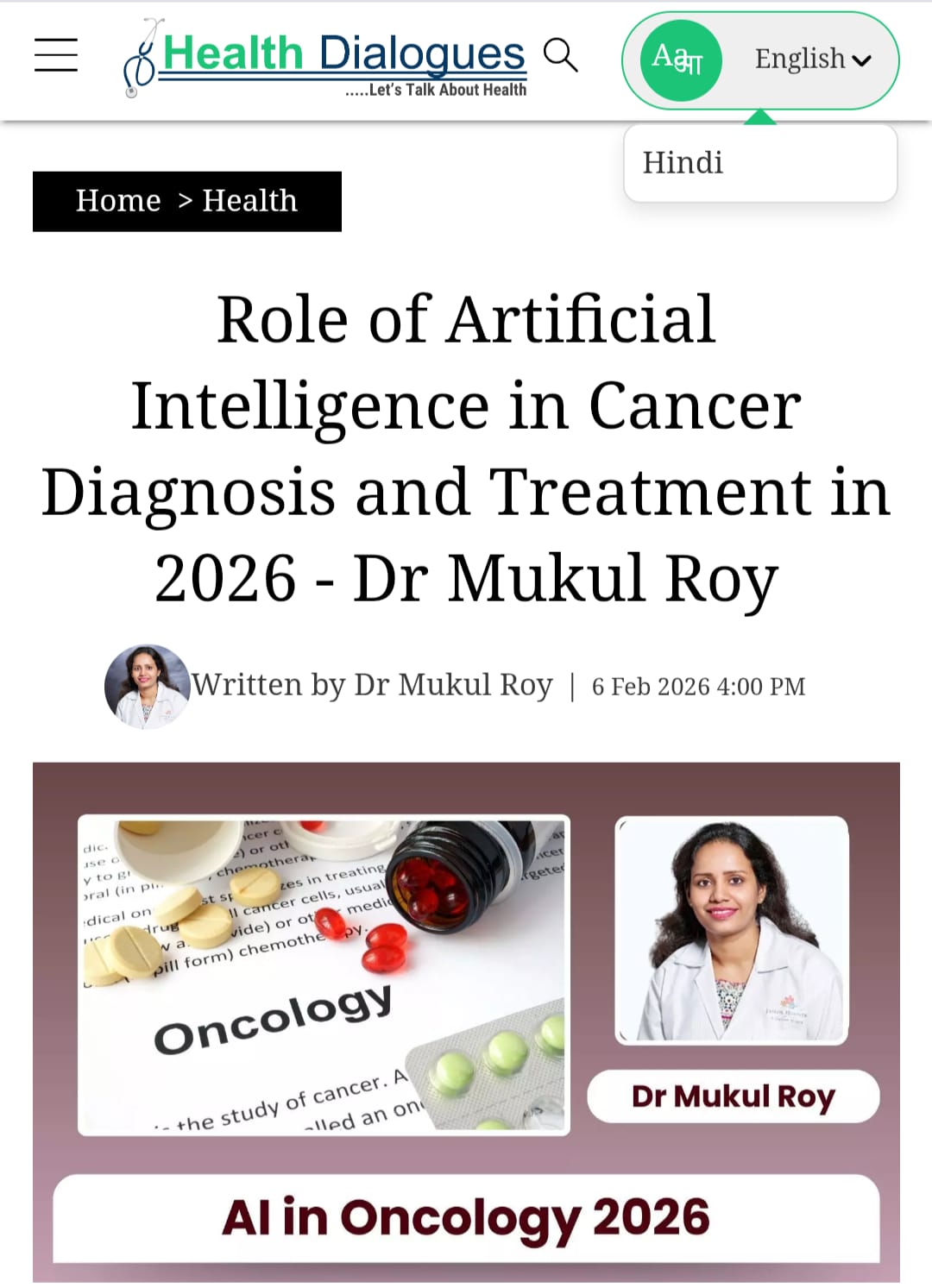 Role of Artificial Intelligence in Cancer Diagnosis and Treatment in 2026 - Dr Mukul Roy