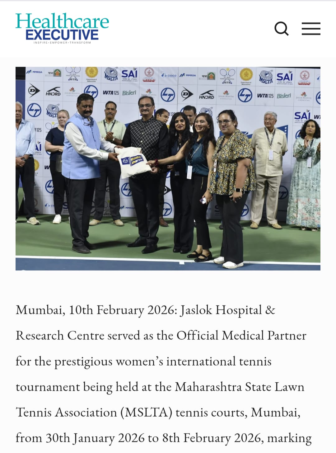 Jaslok Hospital Served as Official Medical Partner for Prestigious WTA 125 L&T Mumbai Open at MSLTA for Two Consecutive Years