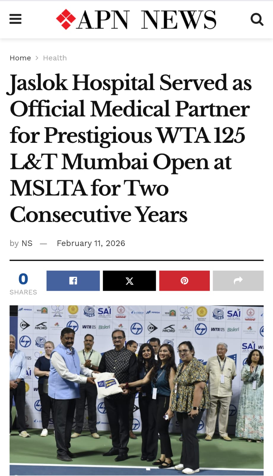 Jaslok Hospital Served as Official Medical Partner for Prestigious WTA 125 L&T Mumbai Open at MSLTA for Two Consecutive Years