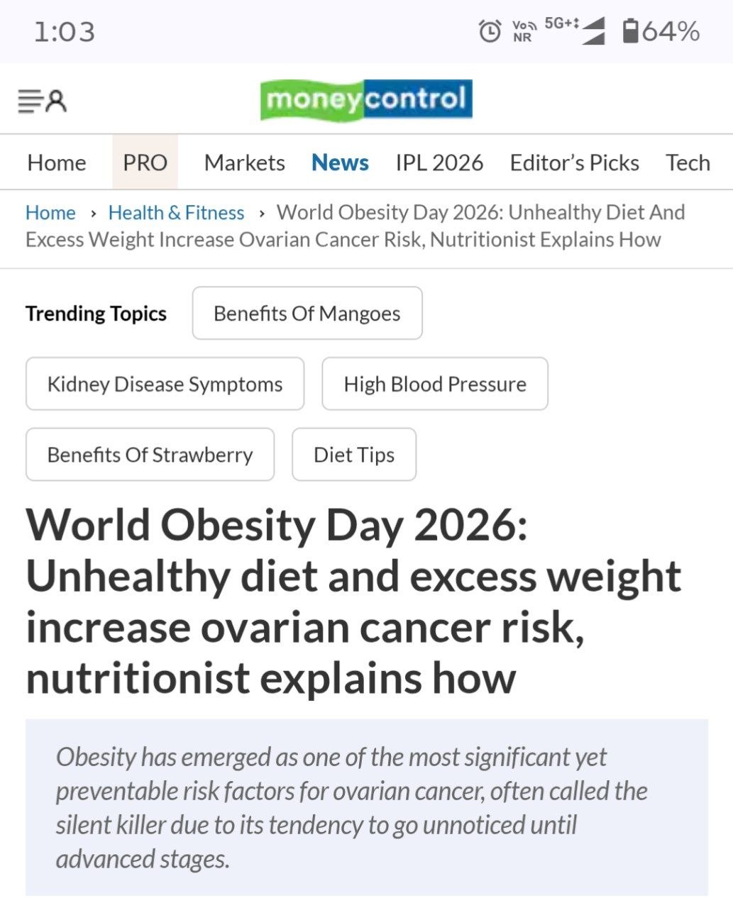 World Obesity Day 2026: Unhealthy diet and excess weight increase ovarian cancer risk, nutritionist.