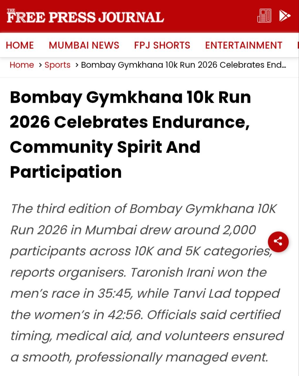 Bombay Gymkhana 10k Run 2026 Celebrates Endurance, Community Spirit And Participation