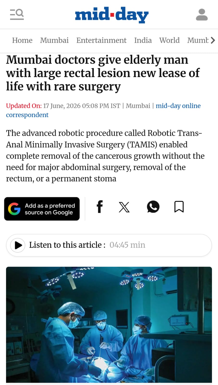 Mumbai docs give elderly man with large rectal lesion new lease of life