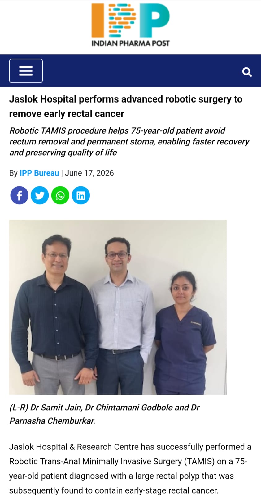Jaslok Hospital performs advanced robotic surgery to remove early rectal cancer