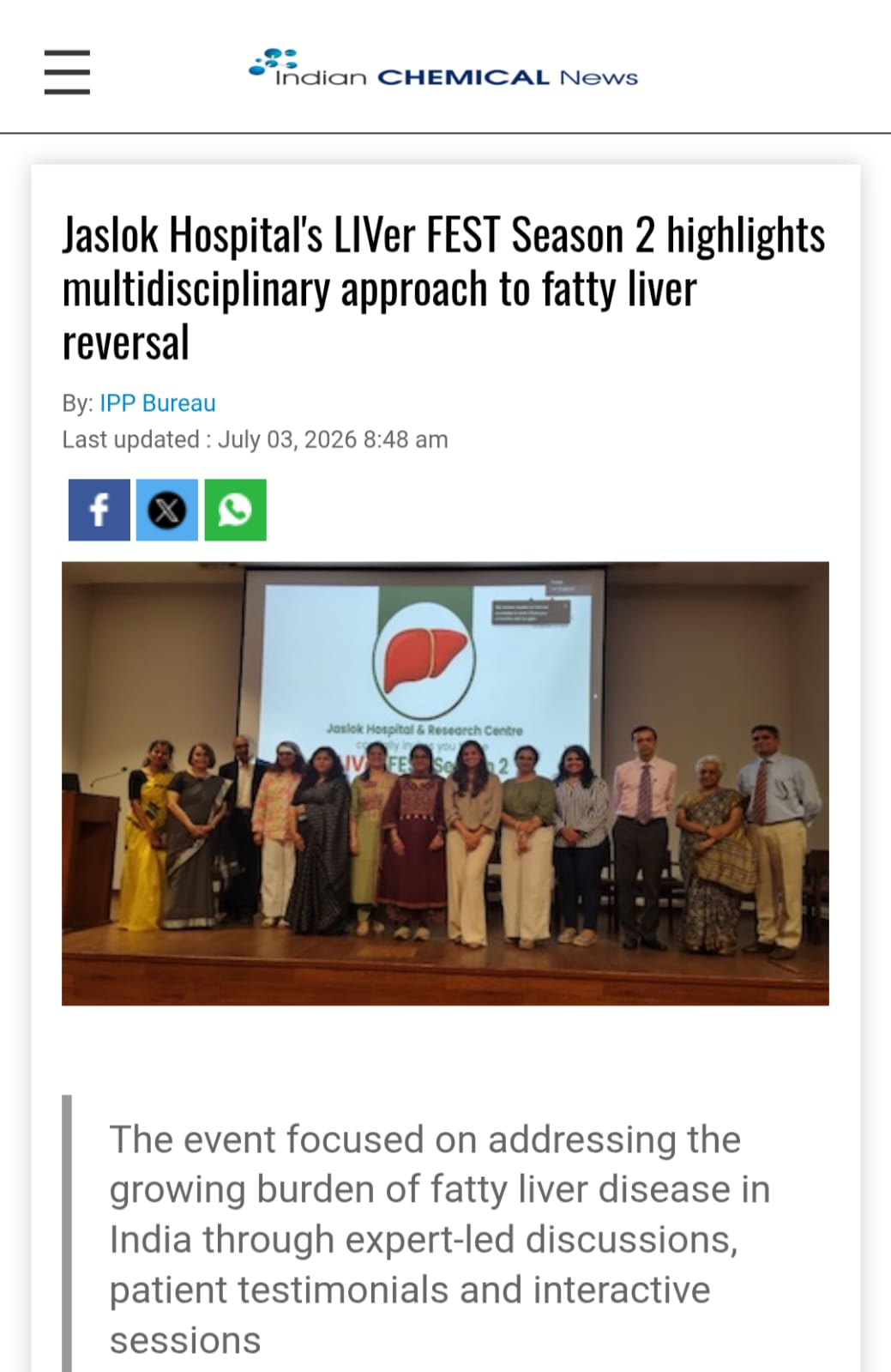 Jaslok Hospital's LIVer FEST Season 2 highlights multidisciplinary approach to fatty liver reversal