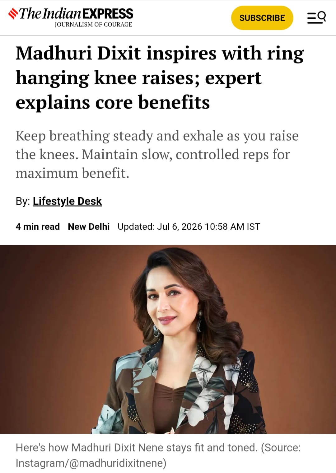 Madhuri Dixit inspires with ring hanging knee raises; expert explains core benefits